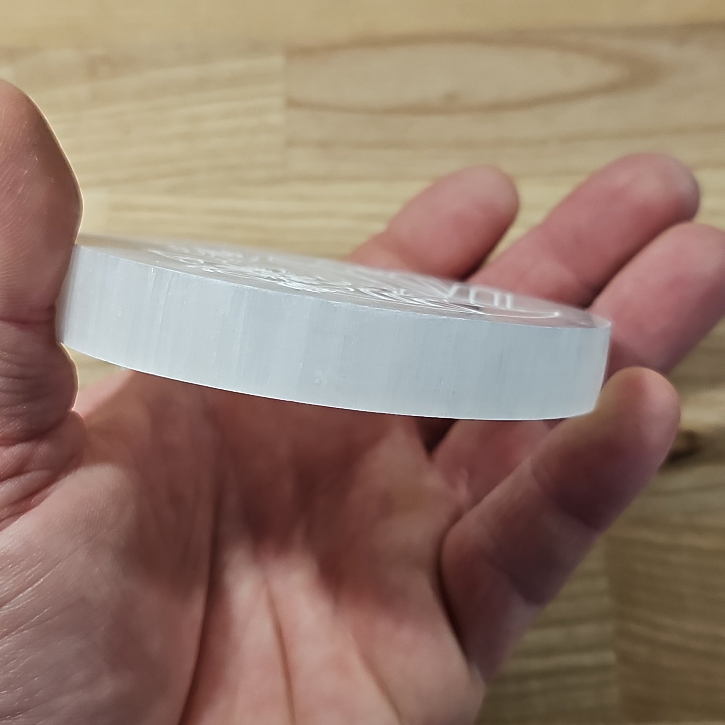 Selenite Charger Plate Crystal Engraved Art (9.5cm)