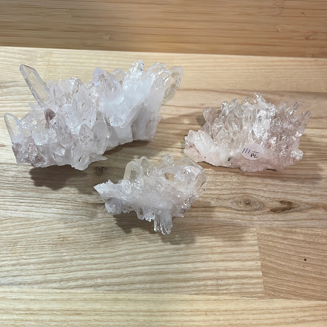 Pink Lemurian and Faden Quartz Clusters