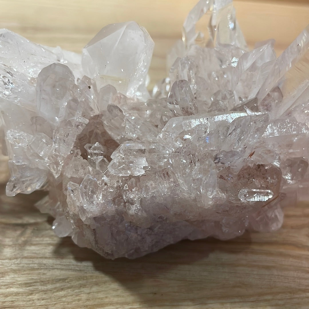 Pink Lemurian and Faden Quartz Clusters