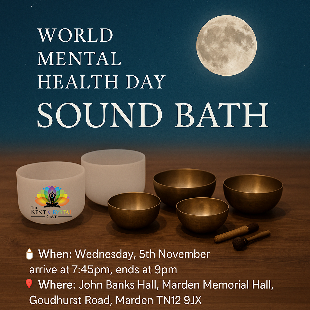 Promotional poster for a World Mental Health Day Sound Bath event with sound bowls and a moonlit sky.