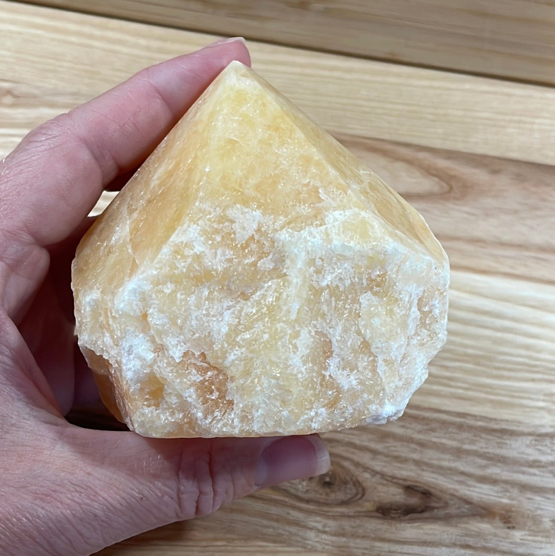 Orange Calcite Raw with Cut and Polished Point