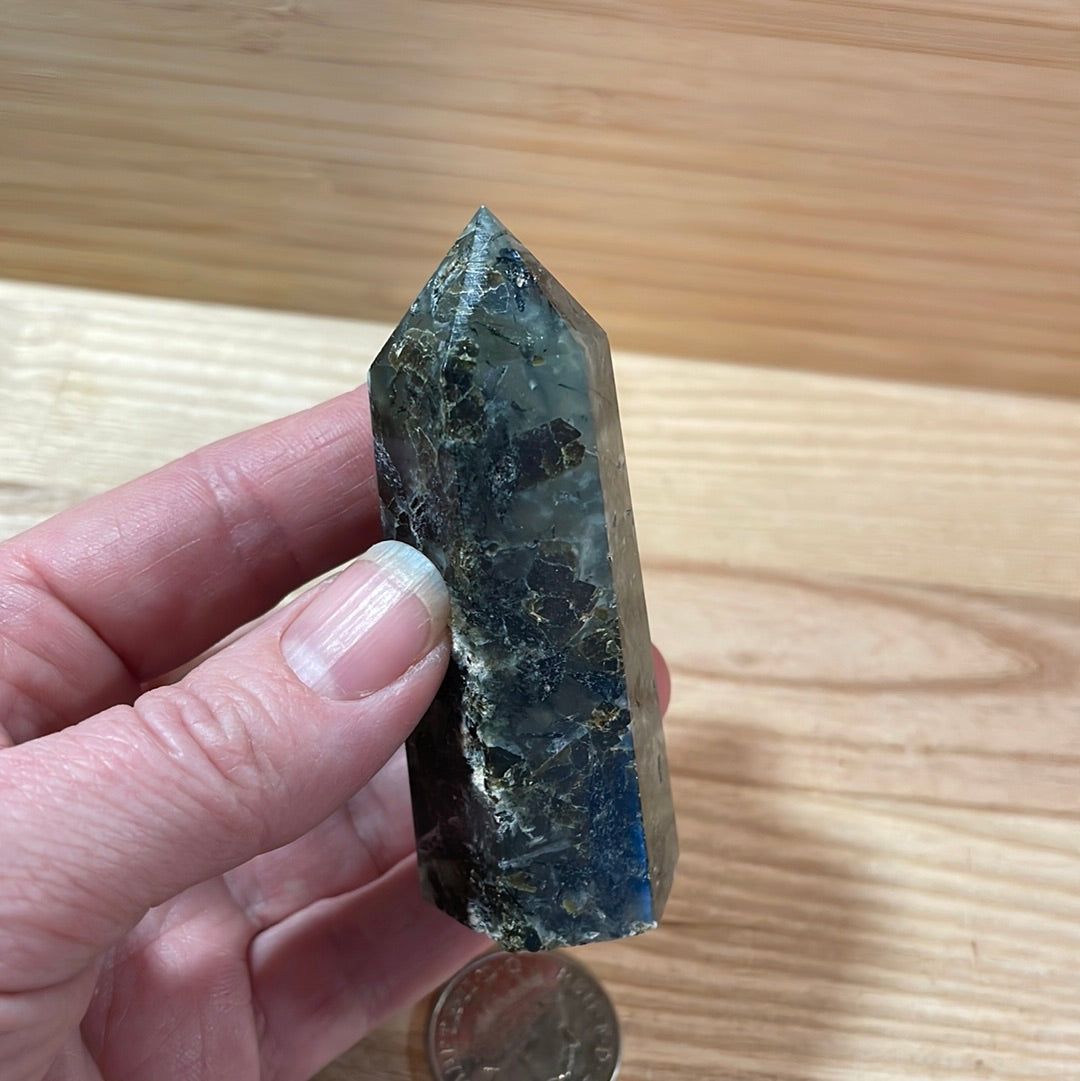 Prehnite with Epidote and Tourmaline Point