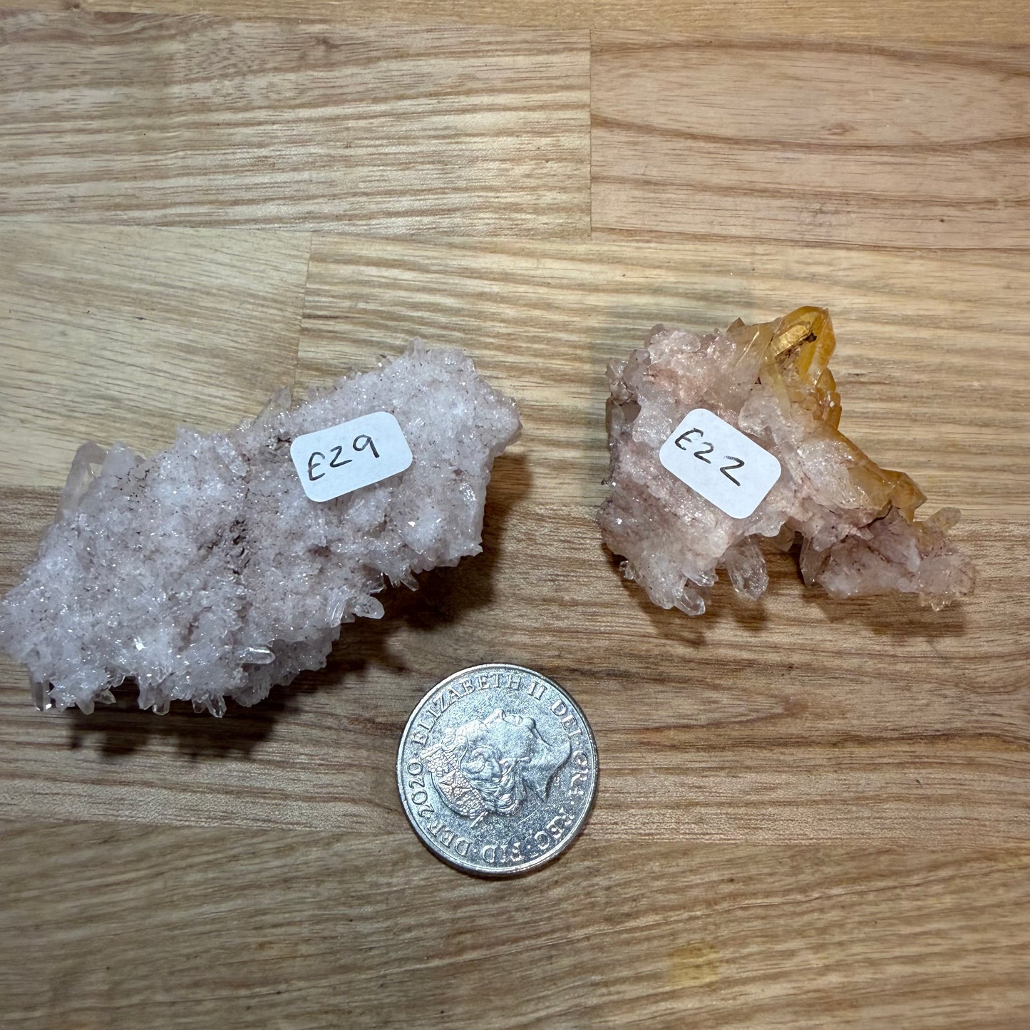 Pink Lemurian and Faden Quartz Clusters