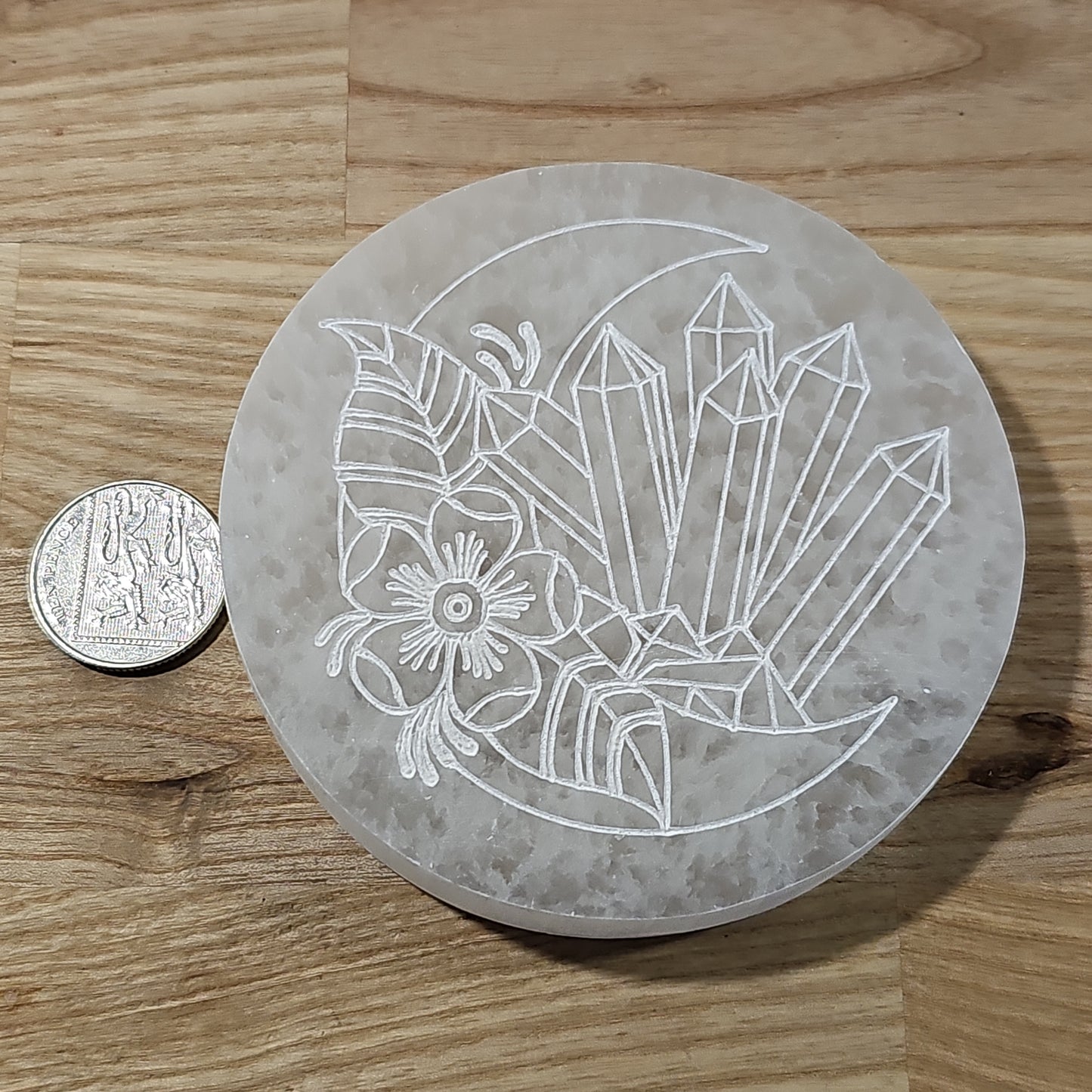 Selenite Charger Plate Crystal Engraved Art (9.5cm)