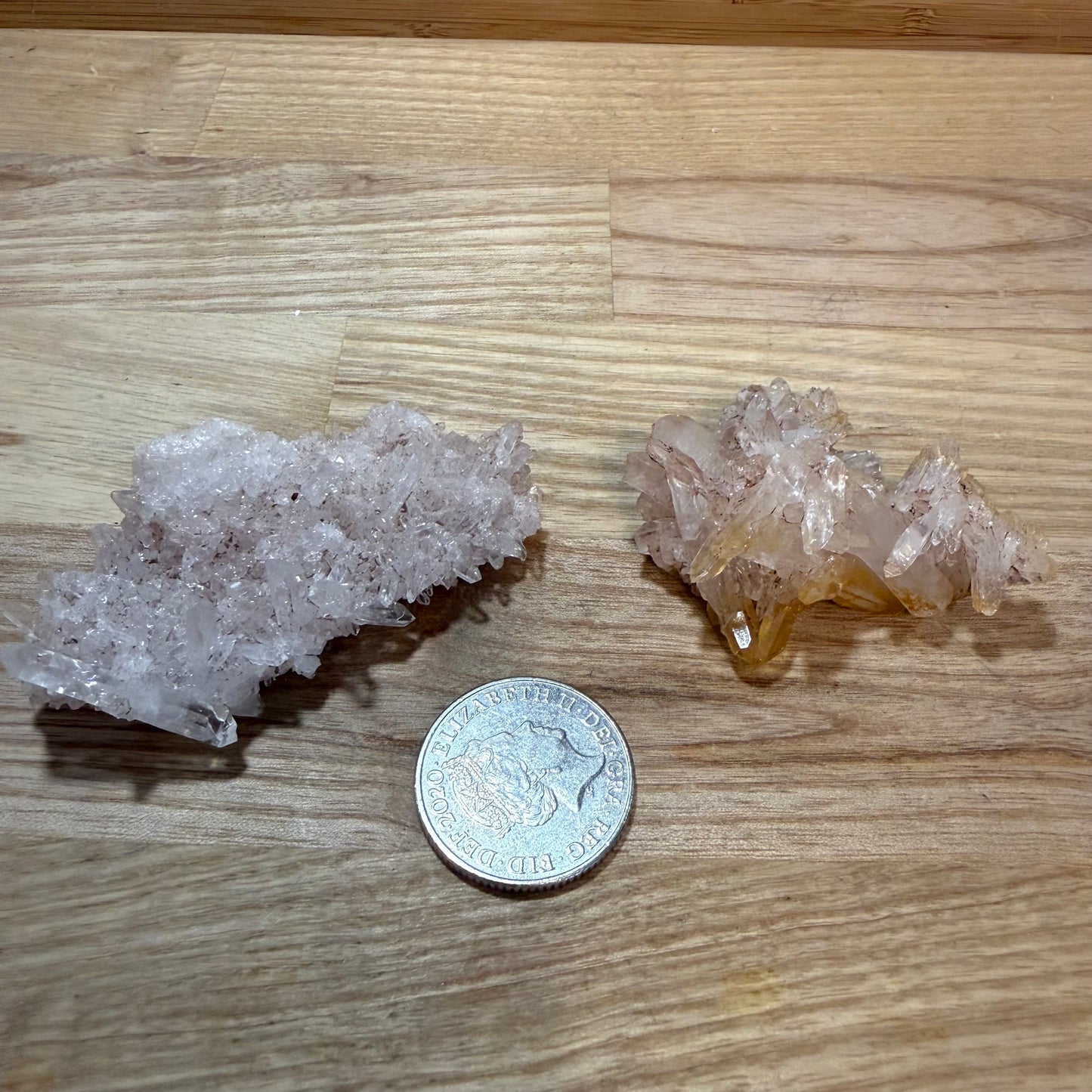 Pink Lemurian and Faden Quartz Clusters