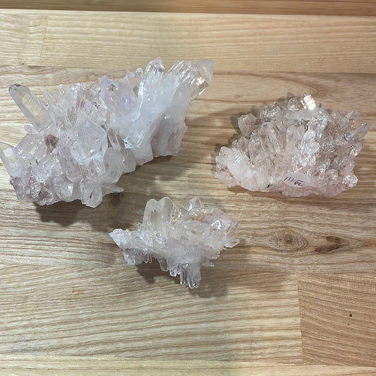 Pink Lemurian and Faden Quartz Clusters