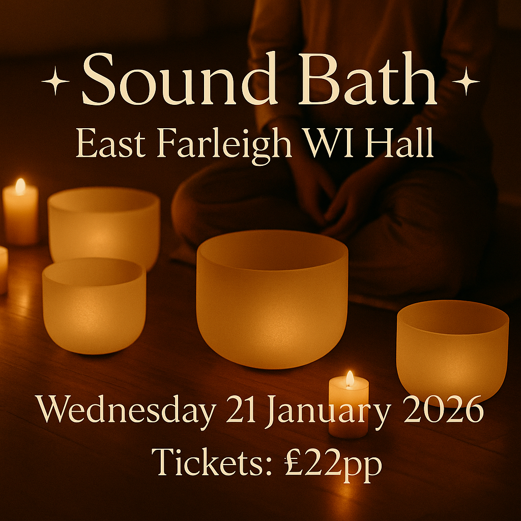 Promotional poster for a sound bath event at East Farleigh WI Hall with glowing bowls and candles.