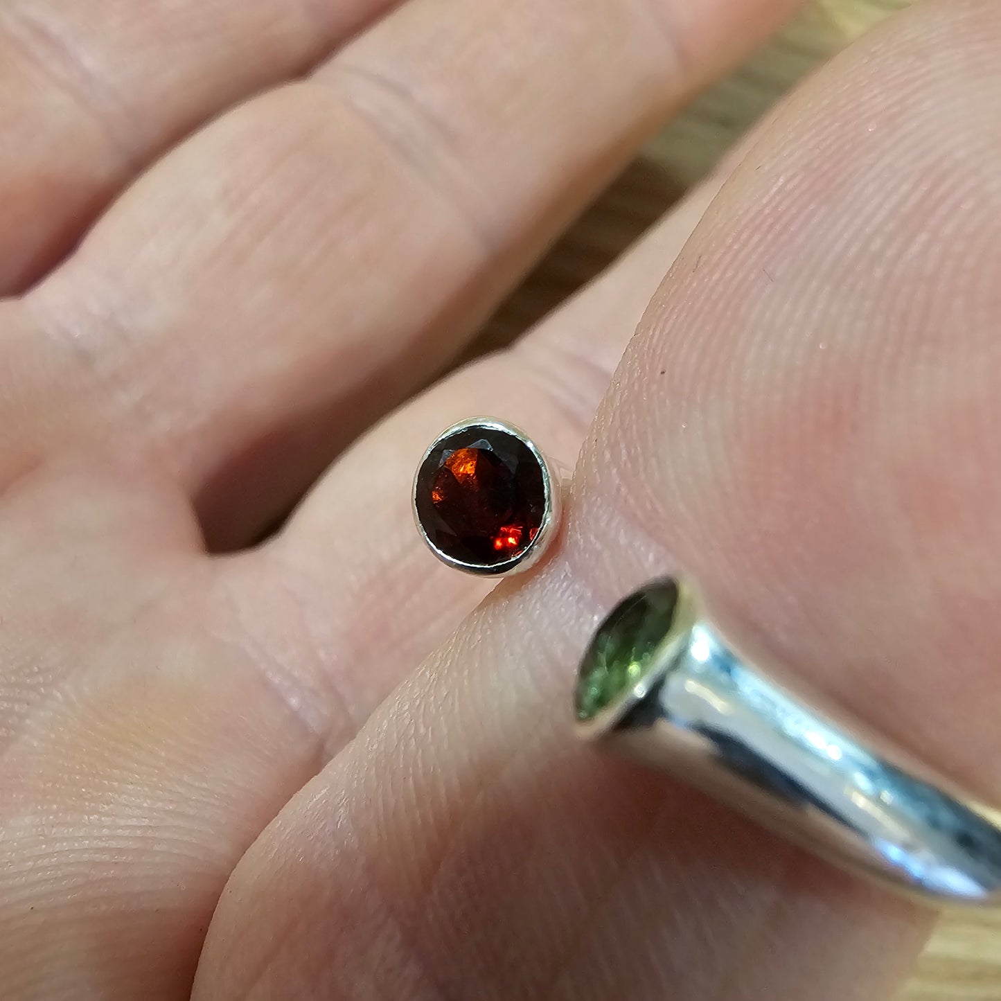 Moldavite / Garnet Adjustable ring