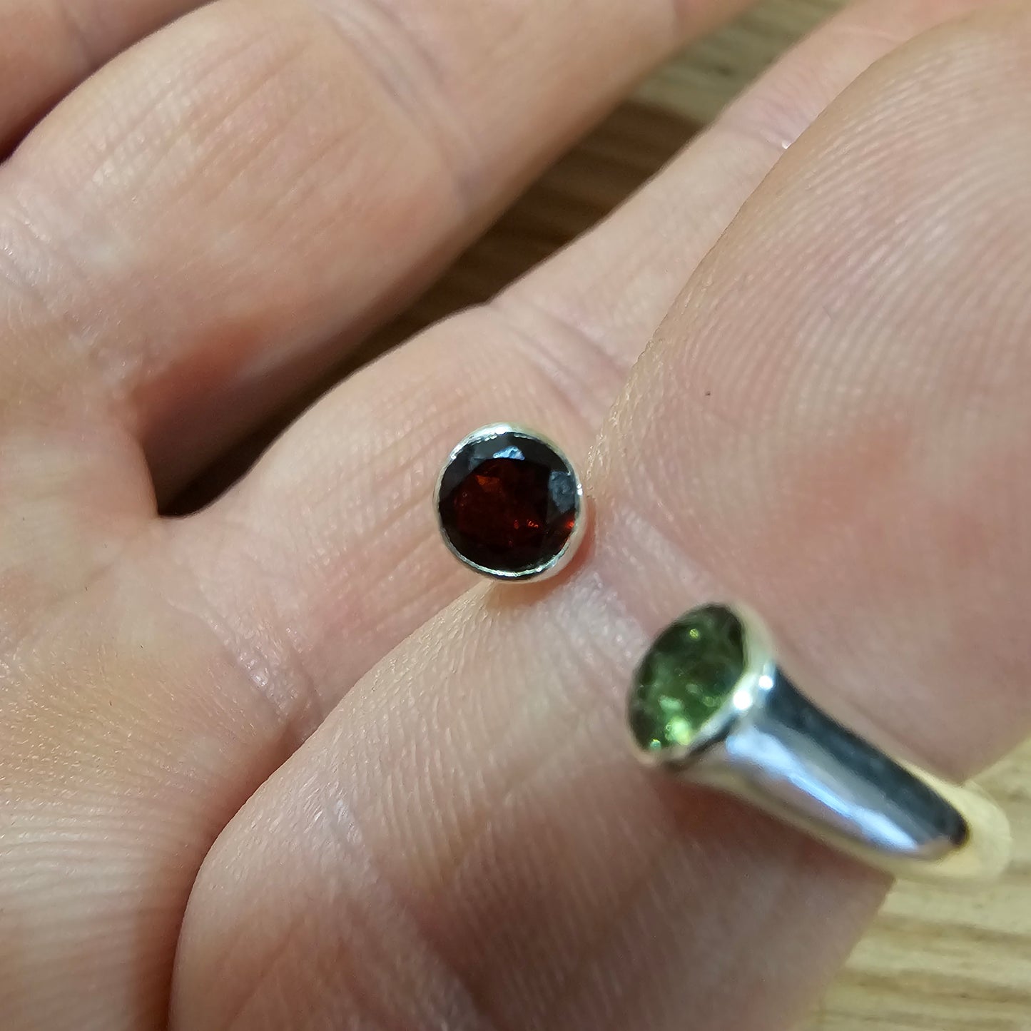 Moldavite / Garnet Adjustable ring