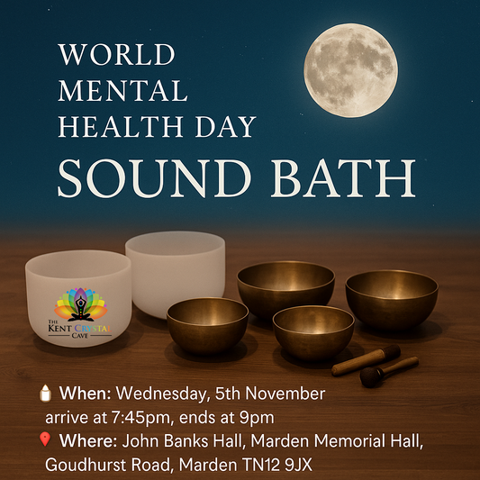 Promotional poster for a World Mental Health Day Sound Bath event with sound bowls and a moonlit sky.